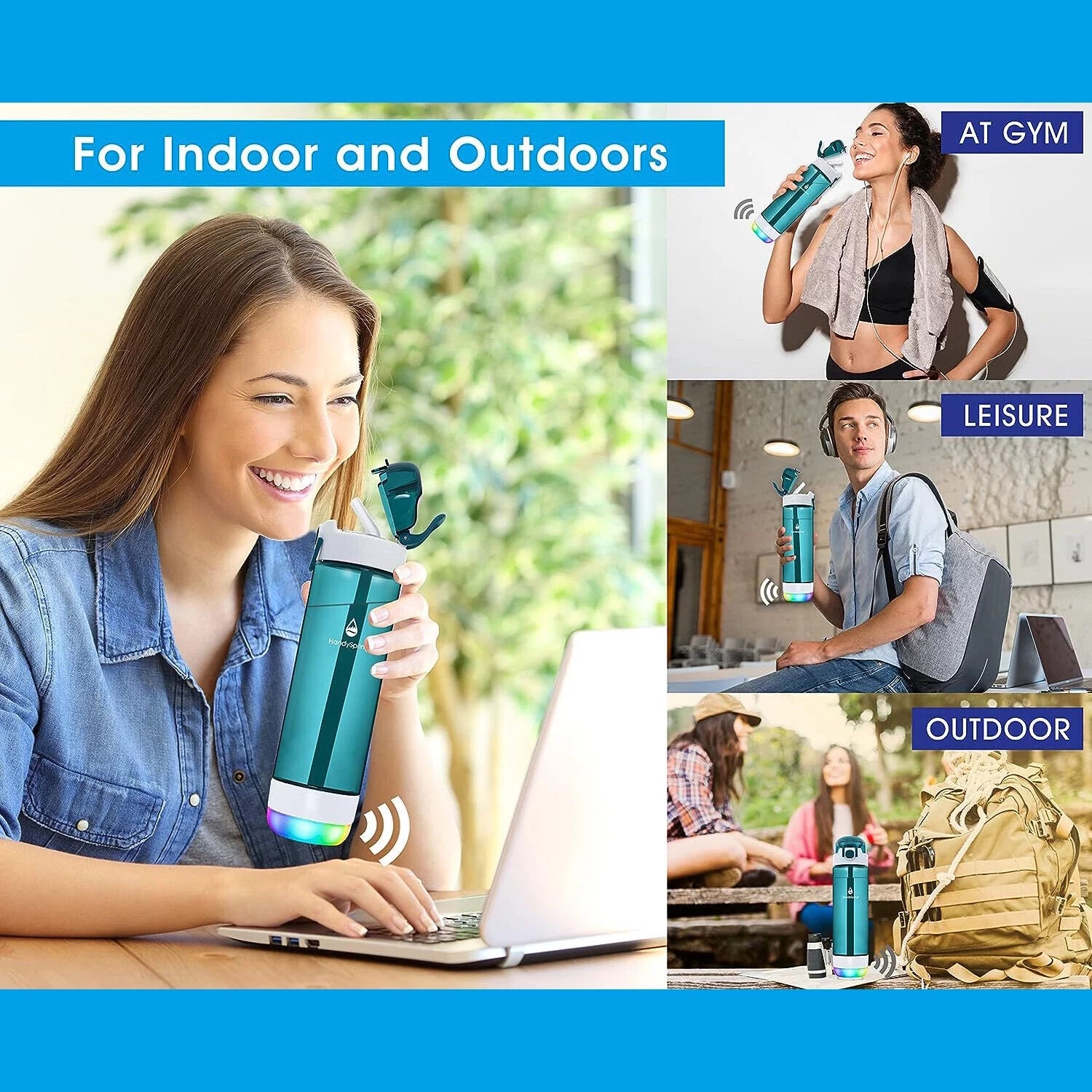 INTELLIGENT Water Bottle with Reminder to Drink Water - Rechargeable - Switchable Lights and Sounds, Water Tracker with Straw Blue