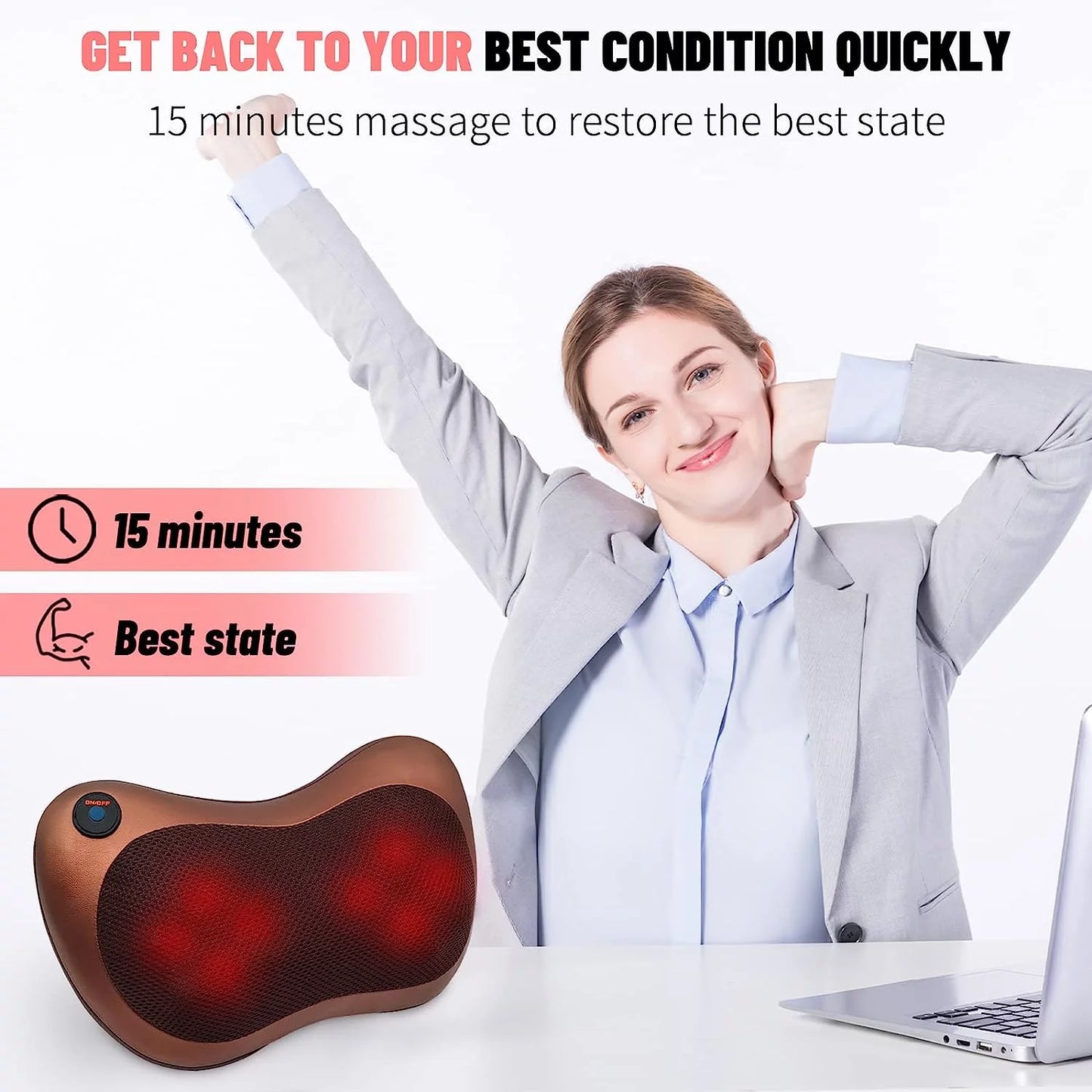 Heated 3D Shiatsu Electric Neck Massager with 8 Rollers for Neck & Back