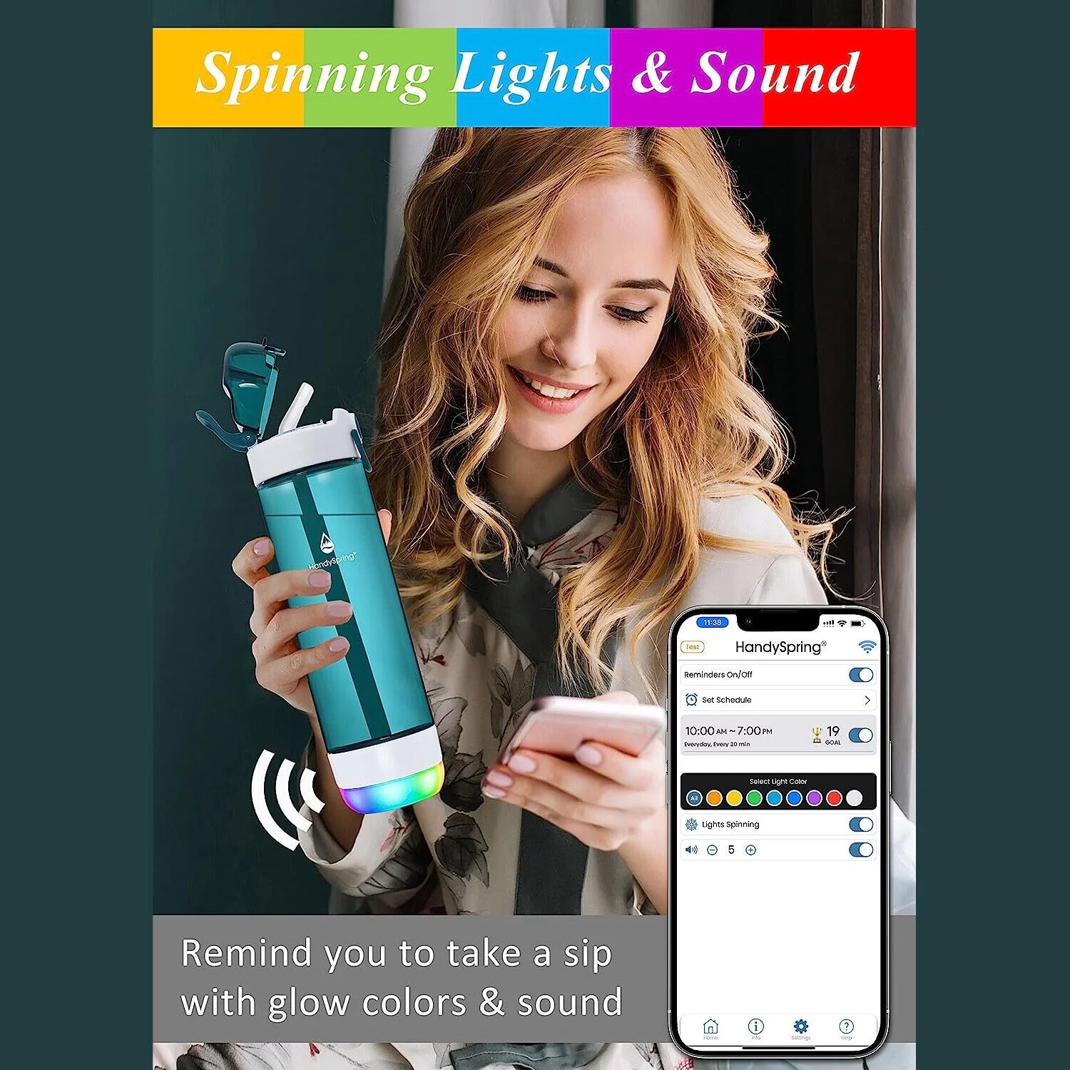 INTELLIGENT Water Bottle with Reminder to Drink Water - Rechargeable - Switchable Lights and Sounds, Water Tracker with Straw Blue